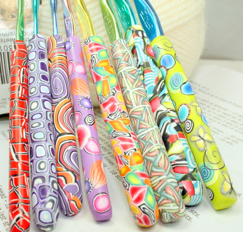 Polymer clay covered crochet hook set of 8, New Boye brand, Sizes D/3 through K/10.5, Free US shipping