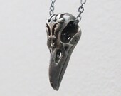 Ornate Victorian Raven Skull Necklace in Gunmetal White Bronze
