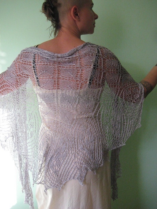 silvery lavender silk lace shawl with silver beads