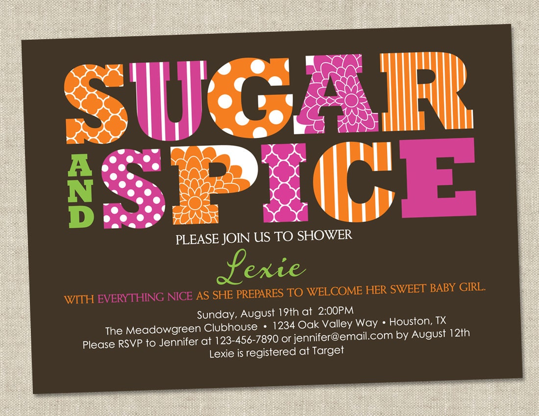 Baby Shower Invitation - sugar and spice - baby girl shower invite (Printable Digital File OR Printed Cards)