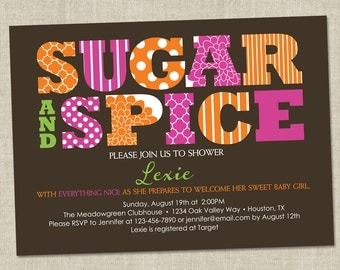 Baby Shower Invitation - sugar and spice - baby girl shower invite (Printable Digital File OR Printed Cards)