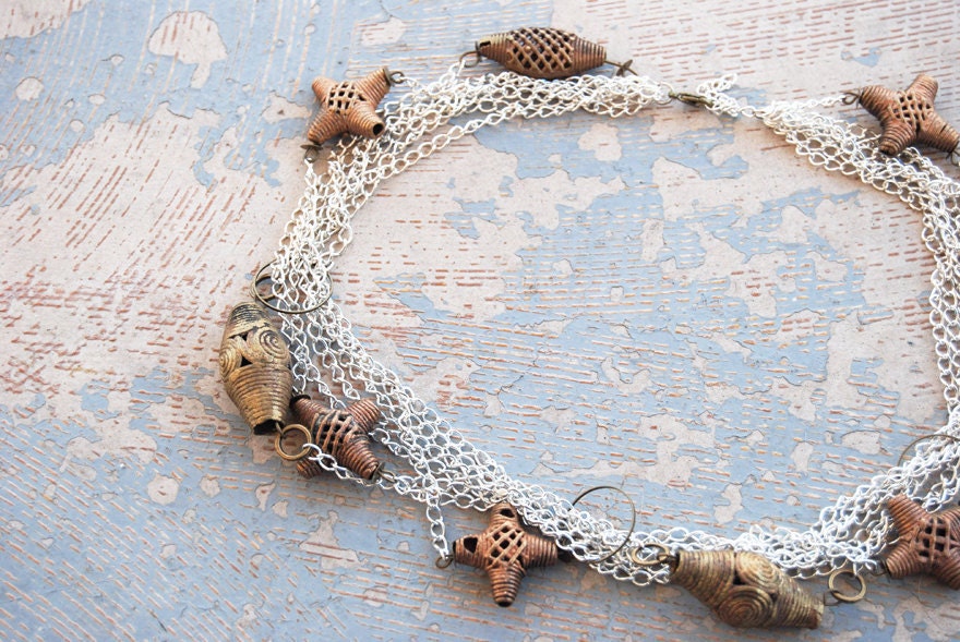 Tribal Silver Necklace - Modern African Trade Bead Tangled Silver Ethnic Necklace