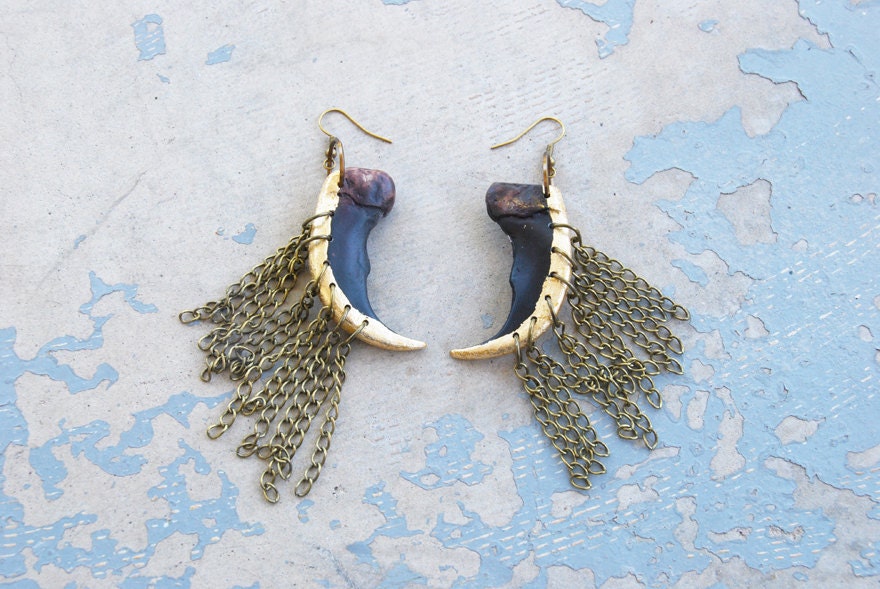Gold Dipped Bear Claw Earrings - Modern Tribal Earrings - Chain Fringe