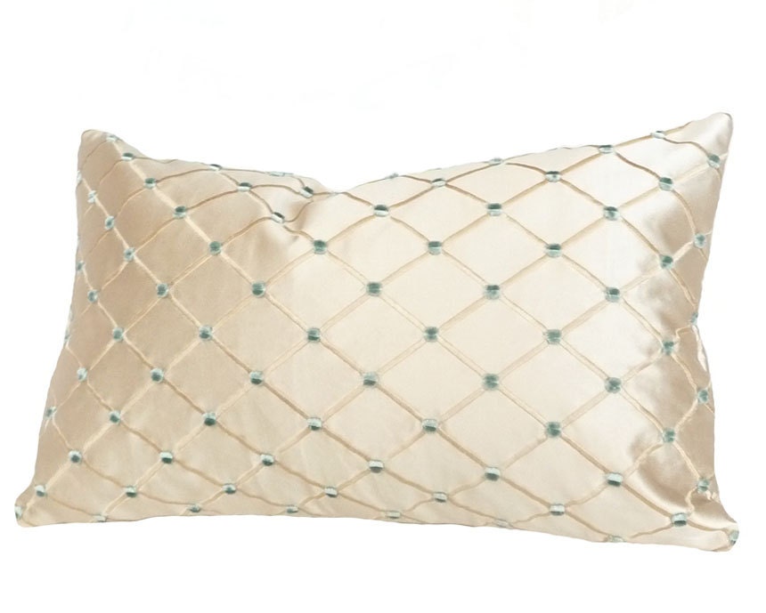Luxury Throw Pillow, Cream Silk Decorative Throw Pillows, Champagne Gold Green, Embroidered, Diamonds, Cushion Covers, Oblong Lumbar 12x20