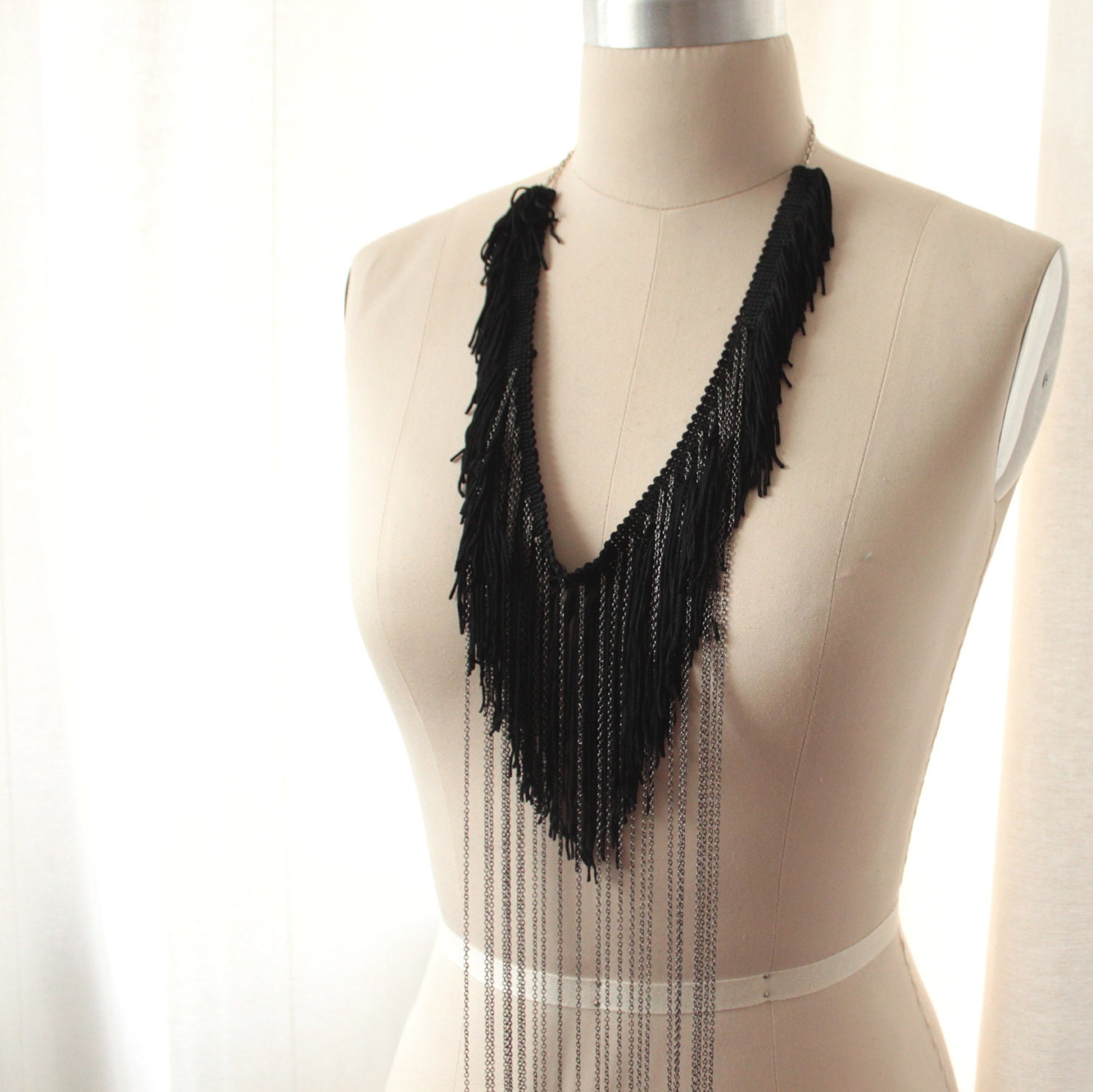Crazy Chain and Fringe Bib Necklace in Black and Silver