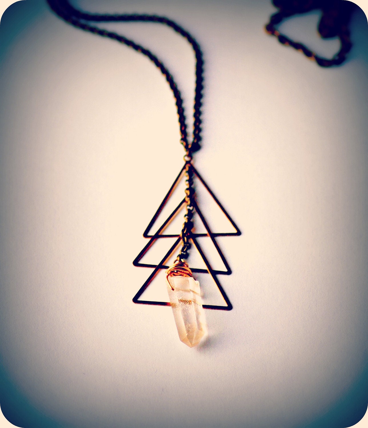 Clear Quartz Crystal, Brass Triangles, Long Brass Chain - Cuarzo Necklace