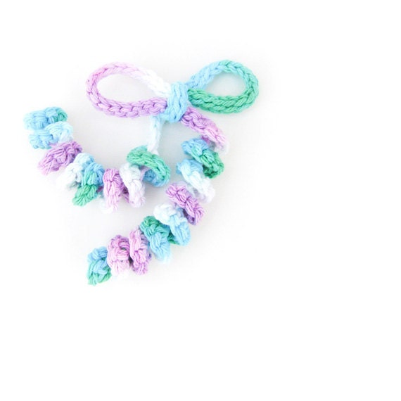 Crocheted Corkscrew Hair Tie, Korker Ponytail Holder, 1970s 1980s Kitschy Retro Hair Tie Aqua Green Lavender