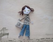 Art Doll Brooch School Girl mixed media collage