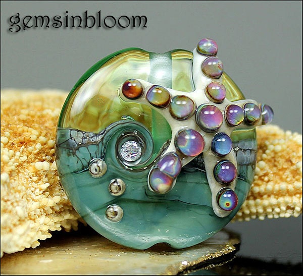 GemsInBloom Green Purple Ivory Ocean Starfish Lentil Focal Lampwork Bead