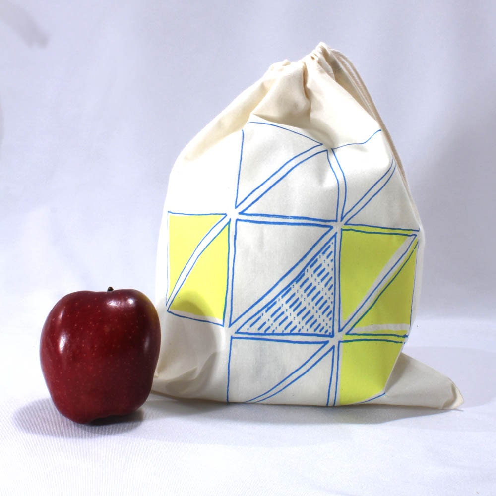 Produce bag organic cotton geometric print yellow with peacock blue screen printed