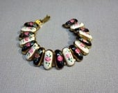 Art Deco Bracelet Hand Painted Flowers Brass Vintage Jewelry