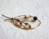 Brooch Jade and Gold Leaves Vintage 1960s Jewelry