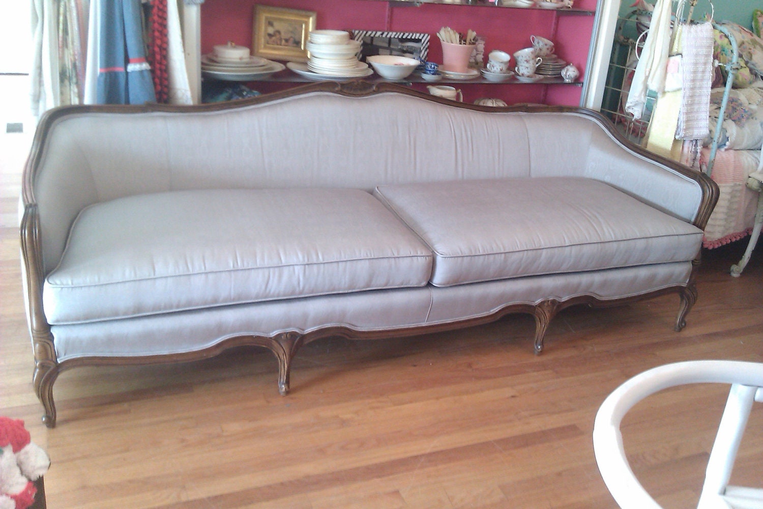 listing for rachael sterne fabulous antique french sofa shabby cottage chic silver grey taffeta upholstry prairie