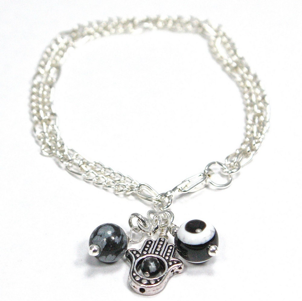 Silver Plated Double Chain Evil Eye Hamsa Bracelet with Snowflake Obsidian - anjalicreations