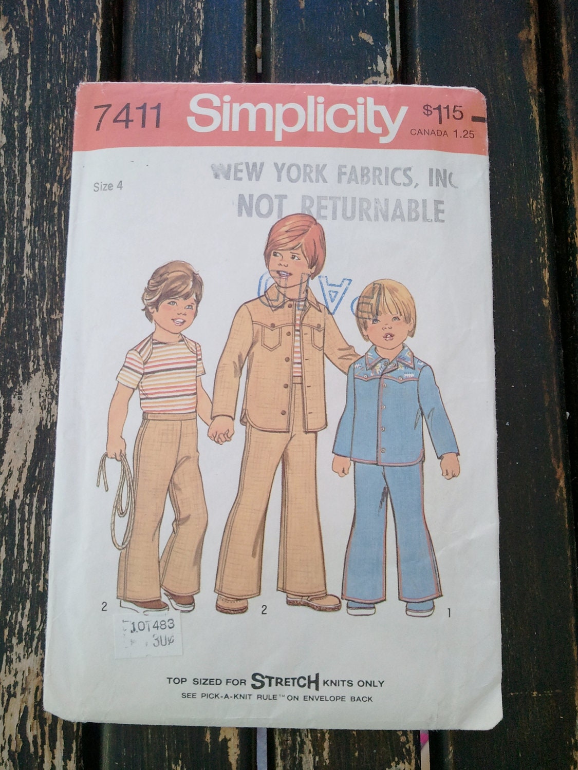 Simplicity 7411 Children's Shirt Jacket, Top, and Bell-Bottom Pants Vintage Sewing Pattern Size 4