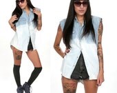 90's Bleached Denim Chambray Cutoff Ombre Button Down Shirt S/M DIp Dyed Cutoff Muscle Tank