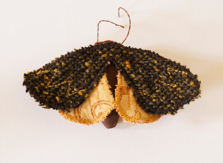 Soft Sculpture Moth Butterfly Fabric Brooch / Ornament Brown Vintage Wool and Yellow Upholstery fabric