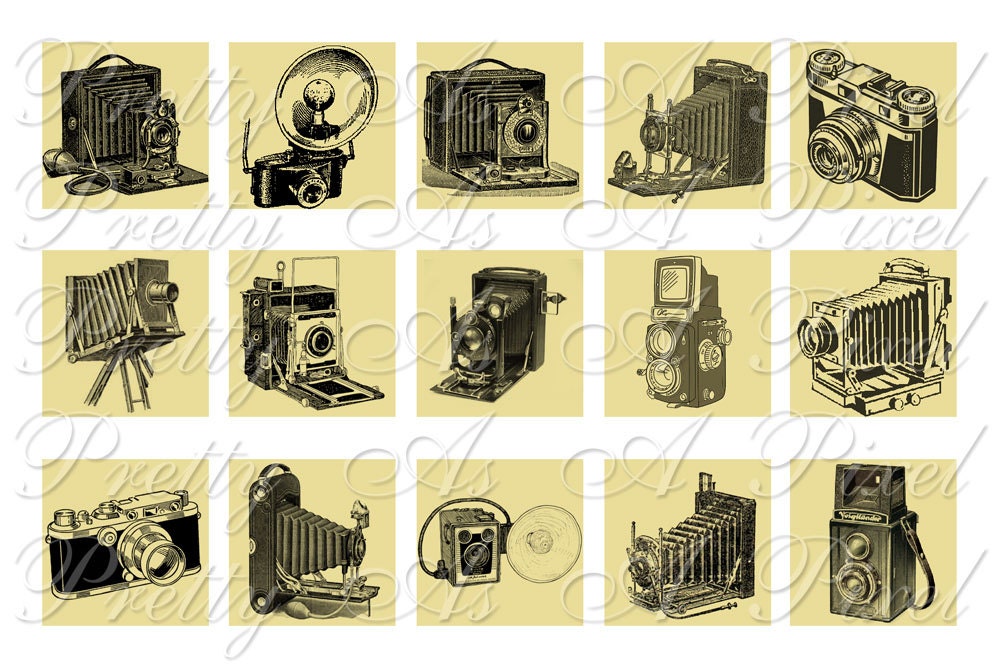 Vintage Cameras - Inchies, 7-8 inch, or scrabble tile size .75 x .83 inch - 4x6 inch sheet - Sampler - Digital Collage Sheet