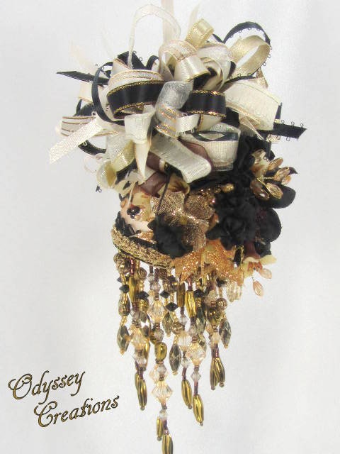 Ebony, Ivory and Gold Victorian Beaded Ornament with Swarovksi Crystals
