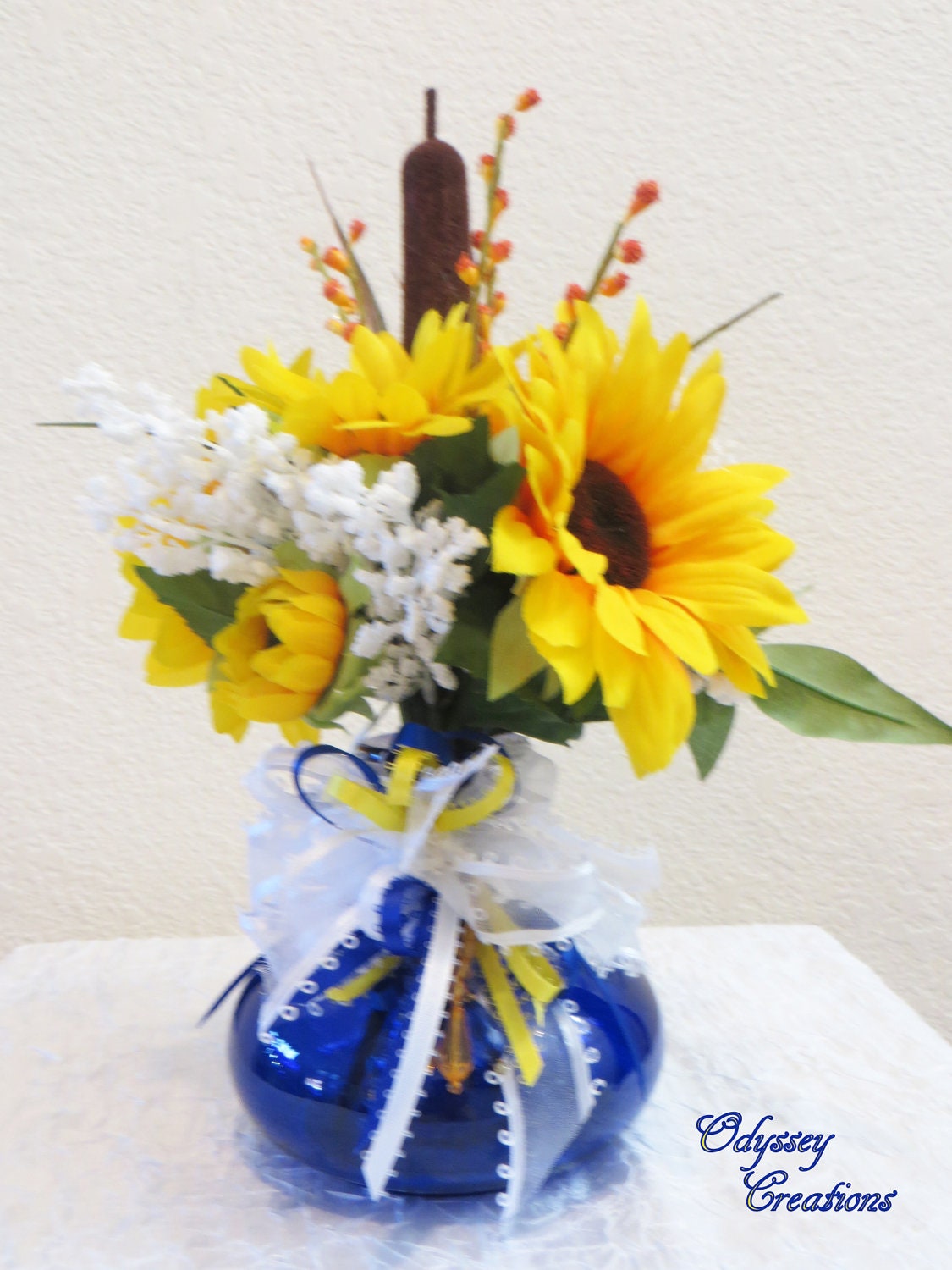 Sunflower Floral Arrangement on Cobalt Blue by OdysseyCreations