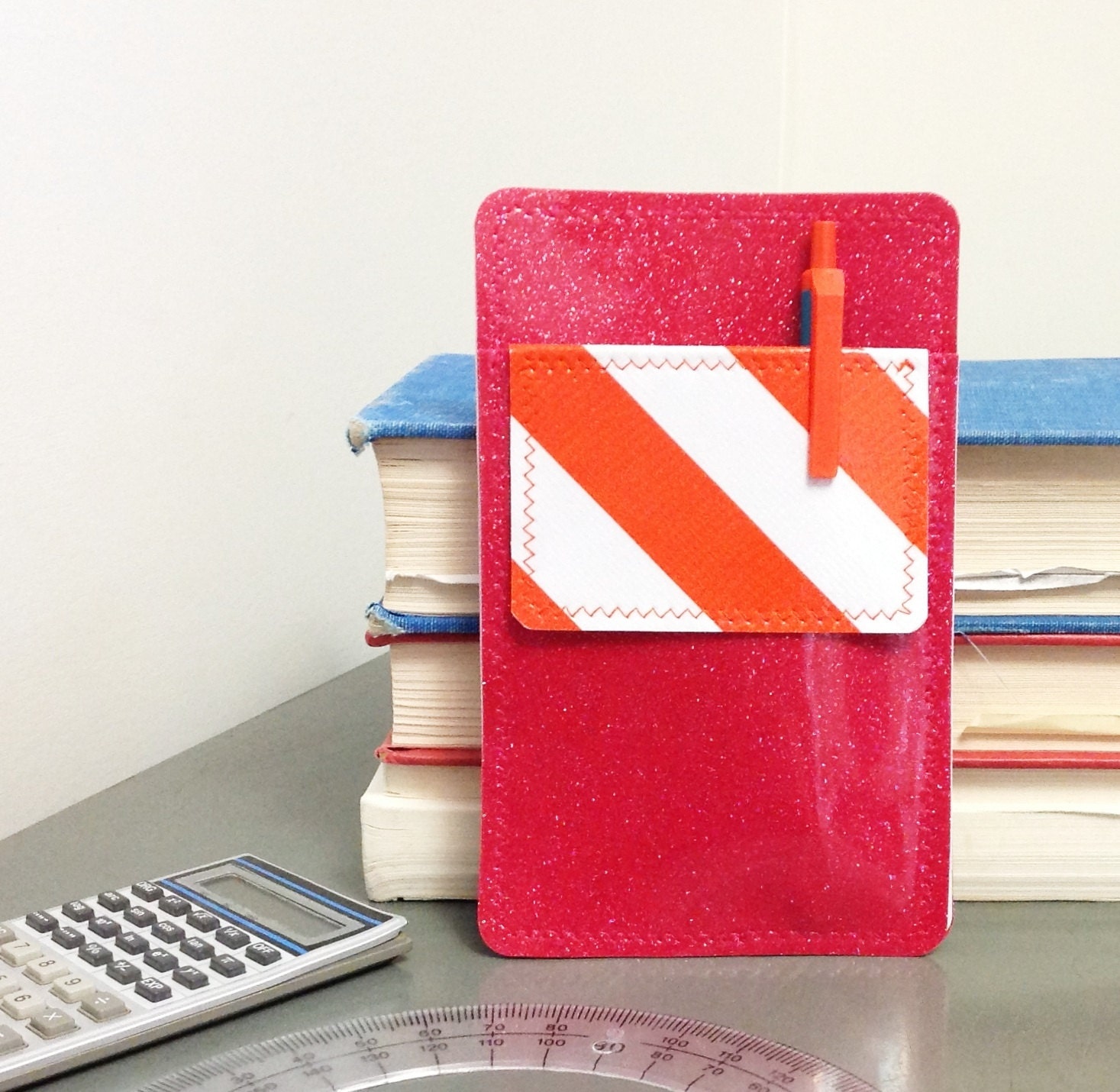 Nerd Power Vinyl Pocket Protector in fuchsia pink sparkle vinyl /  orange wide stripe oilcloth