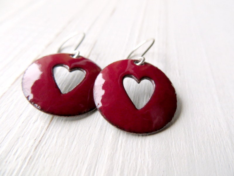 Red Hearts - Enamel Earrings, Sterling Silver, Oxblood Red