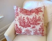Toile PILLOW Cover - 24" Throw Pillow Sham - Vintage Antique French Country Cottage - Rustic Accent Cushion in Red White - Home Decor