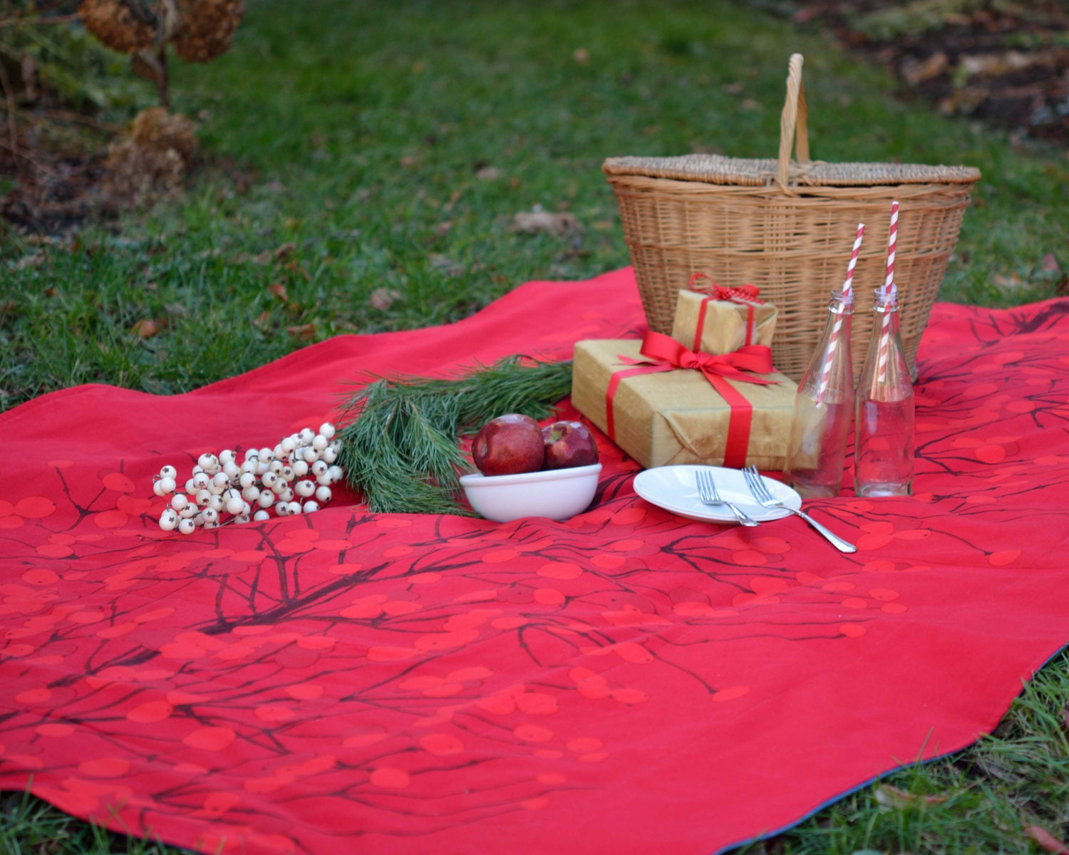 Huge Marimekko Picnic Blanket - Red Winter Berry Tree - Scandinavian Outdoors Summer Food Blanket (Ready To Ship)