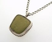 Olive Green Sea Glass and Silver Necklace - Sterling Silver Necklace  - Beach Glass Necklace - Sage Green Textured Necklace
