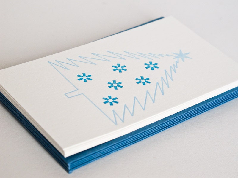 Sale - Christmas Gift Card Set of 6 Flat Letterpress Holiday Trees with Envelopes