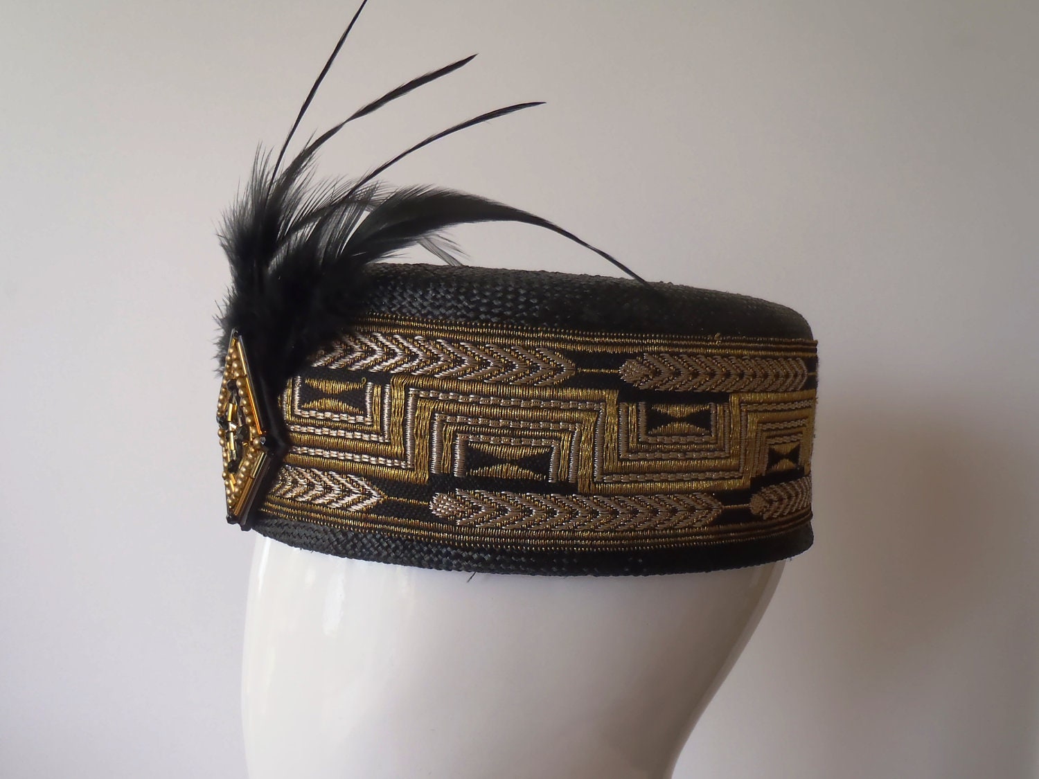 Bohemian Bronze.   1920s inspired flapper hat with woven vintage Art Deco braid, feathers and bead trim.