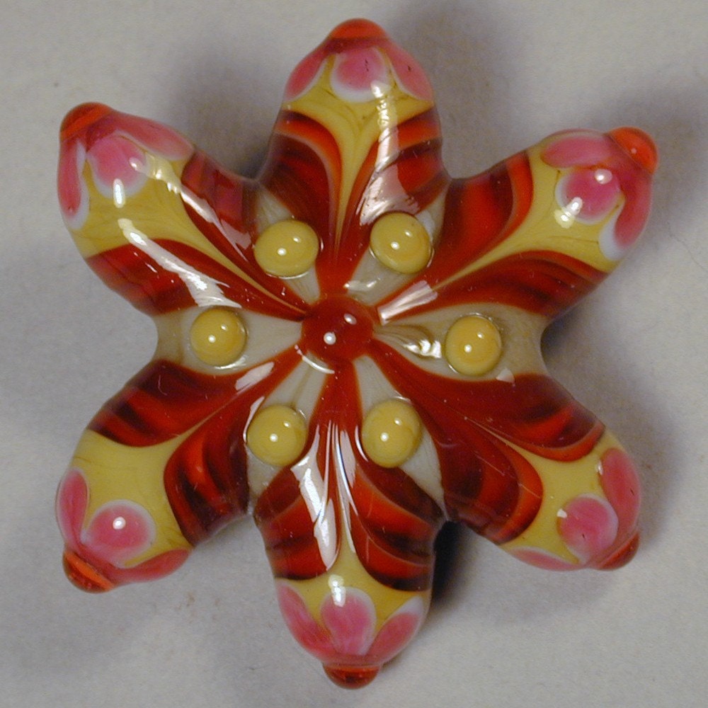 Designer EF Focal Handmade Lampworked Art Glass Bead, ooak, by Patti Cahill, sra -- Flowered raked star