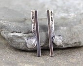 Rustic Round Shape Natural Raw Diamond and Sterling Silver Stud Drop Style Earrings - April Birthstone - Raw Diamond Gemstone Earring