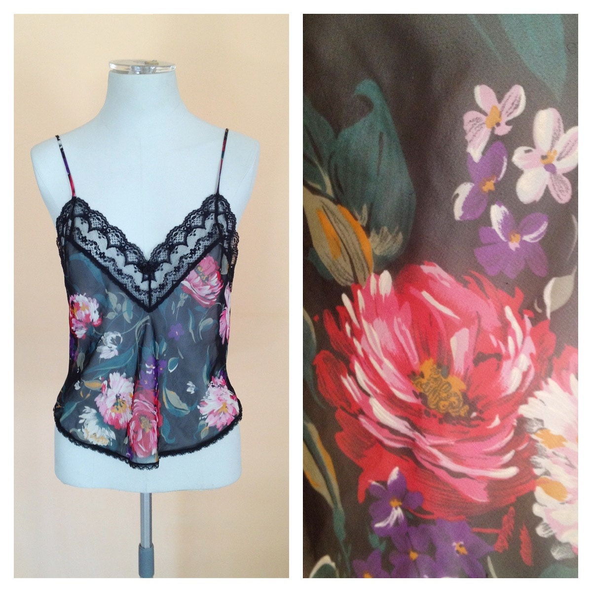 Vintage Sheer Black Floral Lingerie Top. Lace. Delicate. Feminine. Romantic. Sexy. Pink. Size 34. Size Medium. 1980s.
