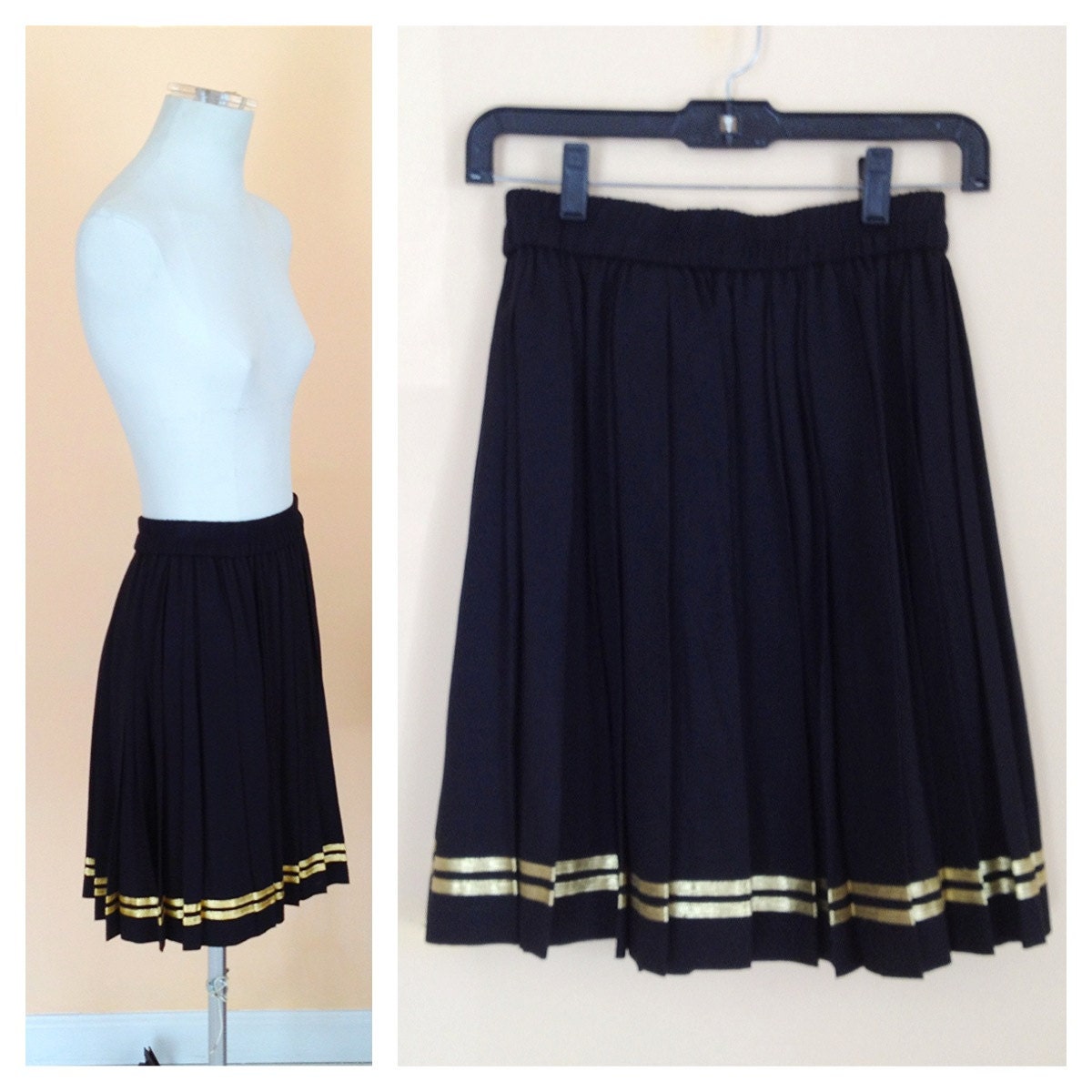 Vintage Black Pleated Skirt. Gold Trim. Metallic. Trendy. Size Medium. Classic. Little Black Skirt. Cotton Skirt. Knee Length. 1980s.