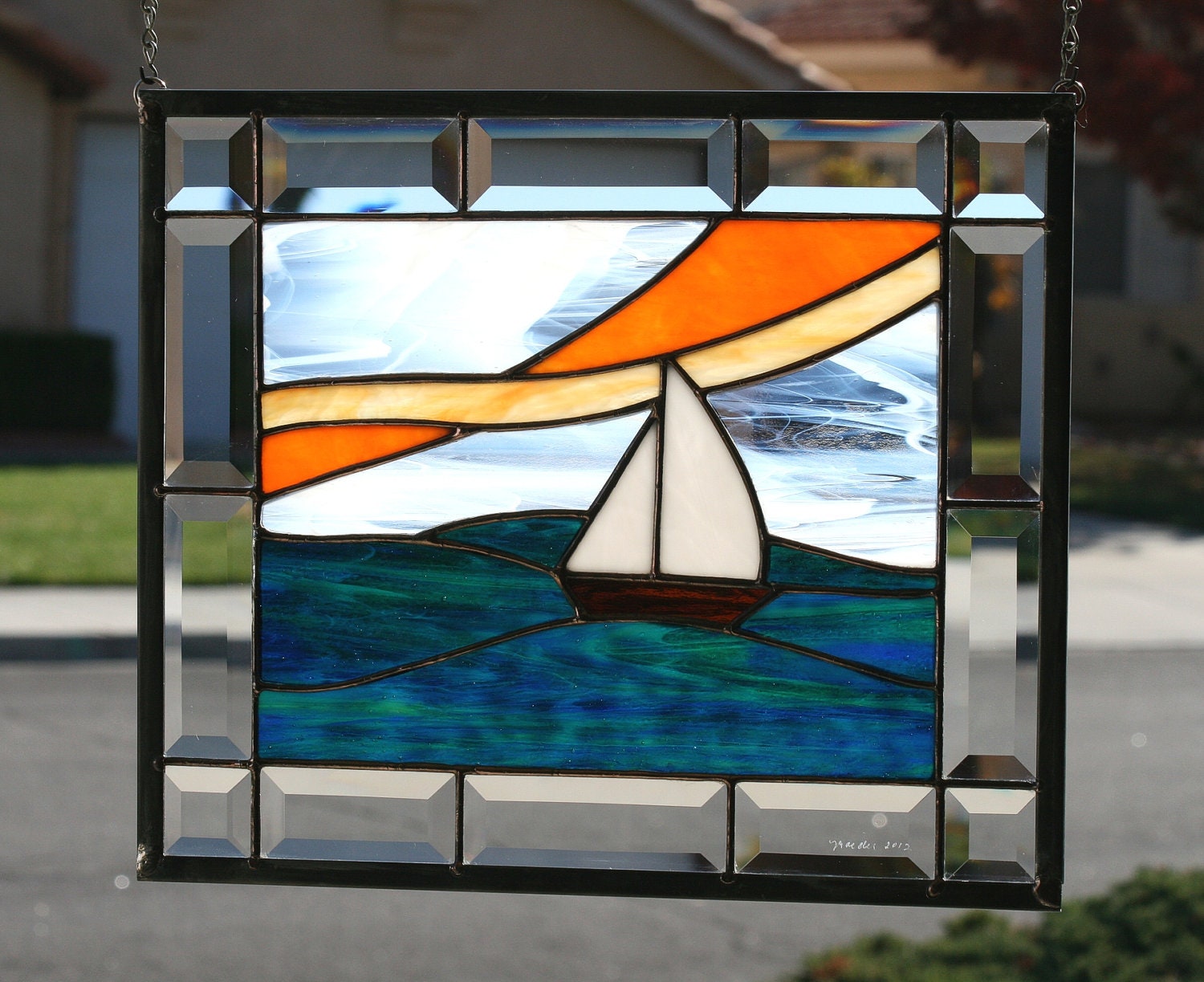 SMOOTH SAILING  - Contemporary Stained Glass Window Panel with Sailboat , Blue and Green Water and Clear Bevels