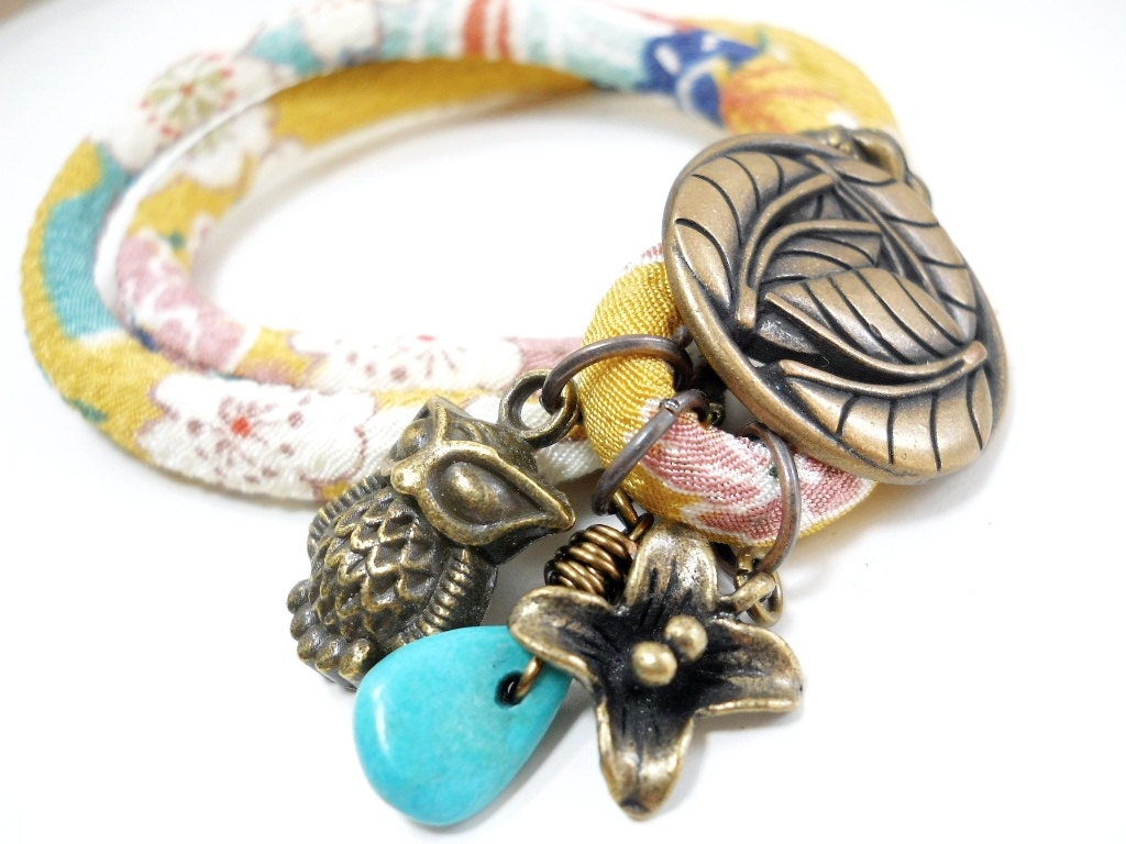 Wrap Bracelet, Floral Fabric Antique Brass Button, Turquoise Charm Bracelet, Japanese Kimono Chirimen Cord, Mustard Yellow, Pink, Blue