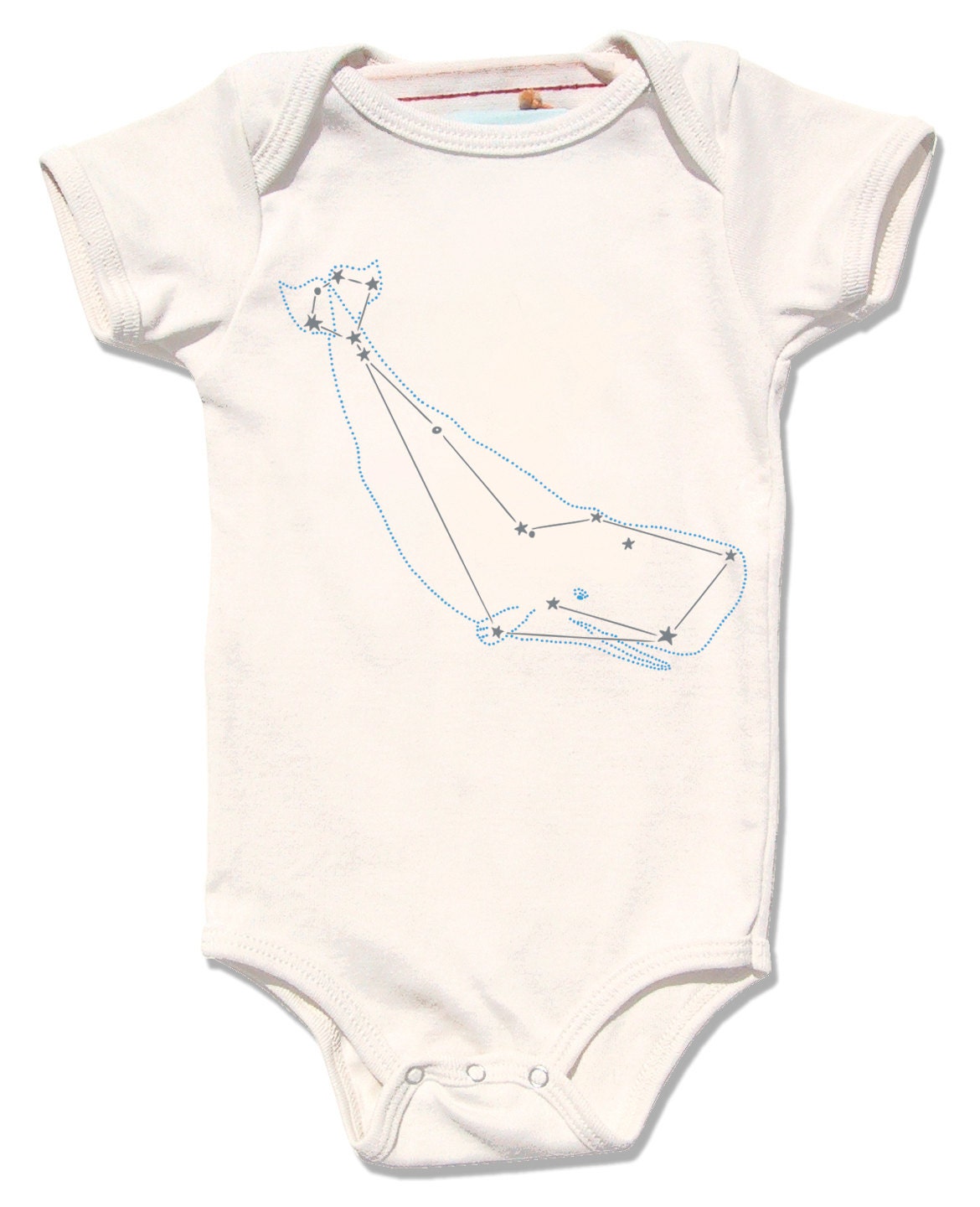 Organic Whale Cetus Bodysuit - animal star constellation print, metallic silver foil screenprint, cream long and short sleeve baby onesie