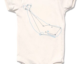 Organic Whale Cetus Bodysuit - animal star constellation print, metallic silver foil screenprint, cream long and short sleeve baby onesie