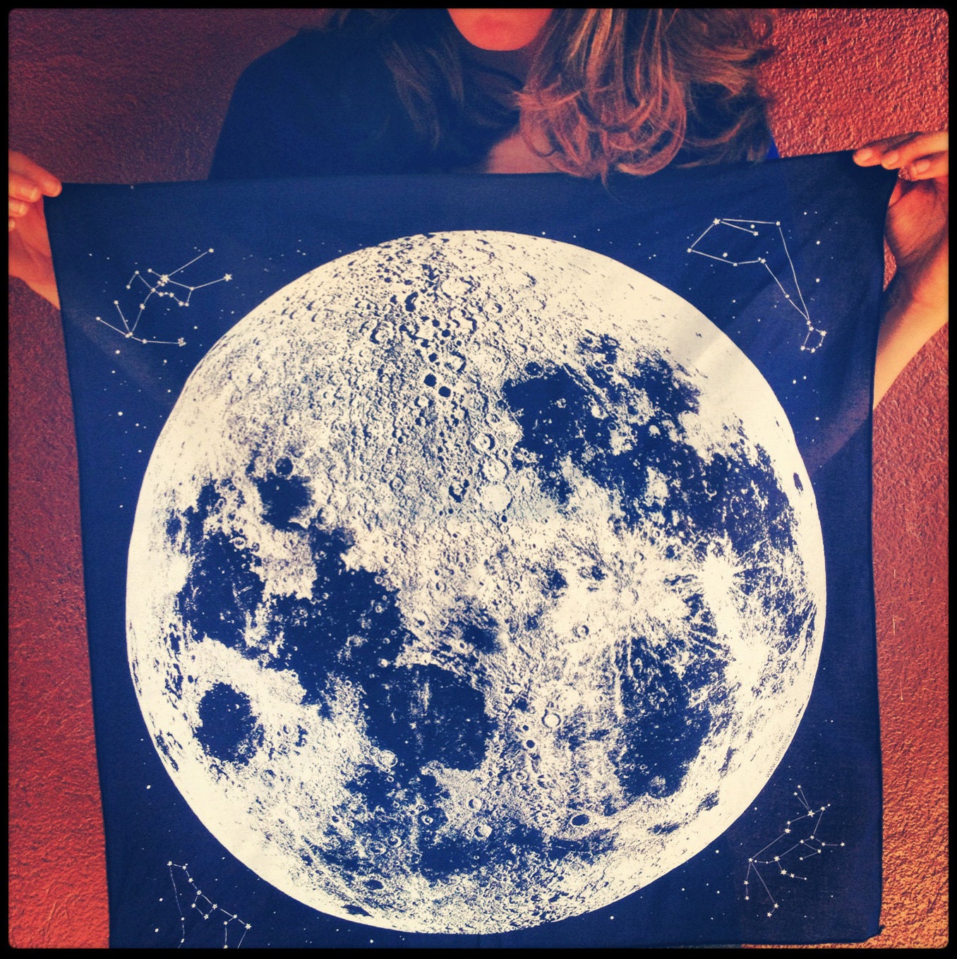 Navy Blue, Full Moon Bandana, hand printed in Portland, reusable cloth with space stars and animal constellations print