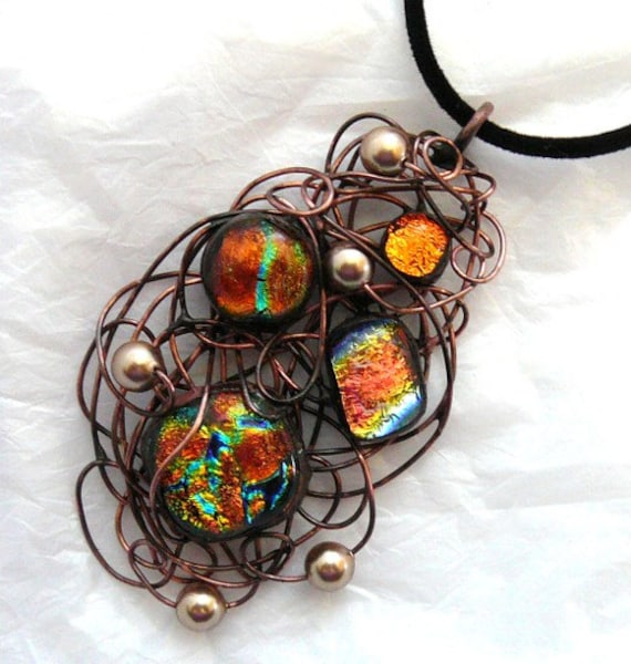 Dichroic Glass Wire Wrapped Pendant & Necklace
