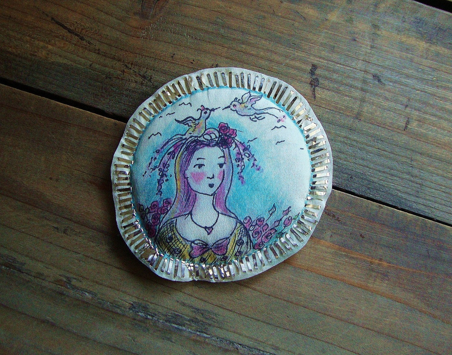 waiting for spring, mini silk brooche in silver wire embroidery - ooak