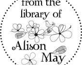 Bird on branch with Flowers -From the Library of - Custom Rubber Stamp - book plate