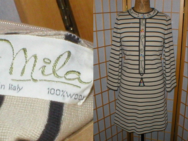 Vintage 60s mod wool knit dress with hand emroidery by "Mila" womans size medium