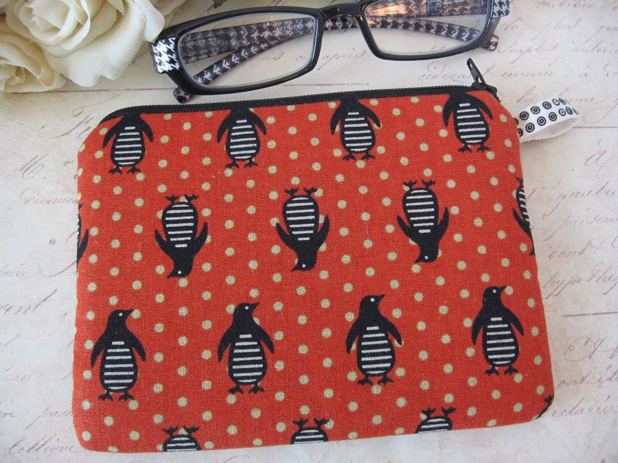 burnt orange penquin coin purse, zipper bag, make up bag , padded bag, gadget case