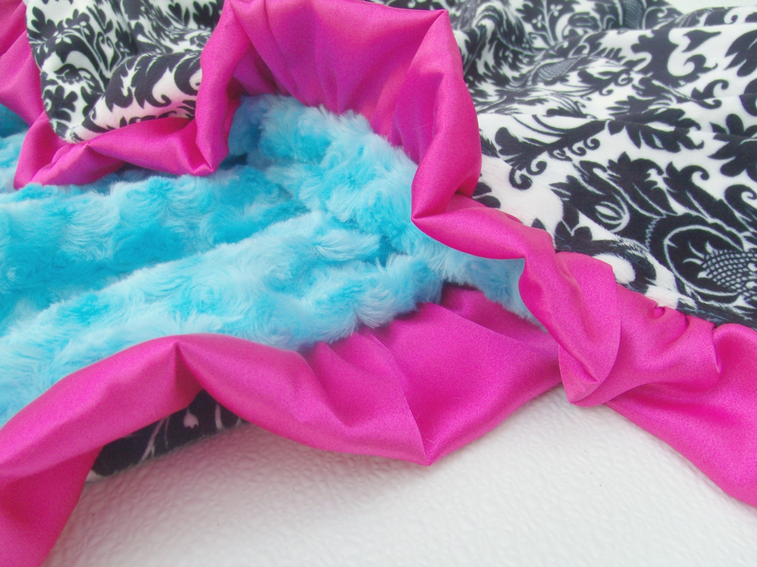 Turquoise, Pink, and Black Damask Minky Baby Blanket, Personalized