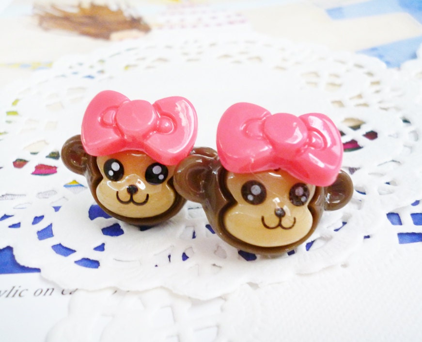 Clay Earrings - Smiling Little Monkeys with Dark Pink Bows - LAST PAIR -