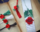 Romantic Red Rose Classical Sheet Music Fine Art Photography Photo Laminated Handmade Bookmark w/ Floral Silk Rose Flower
