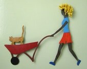Art sculpture Garden lady wall decor handmade metal sculpture blonde cats gardeners porch patio deck red turquoise