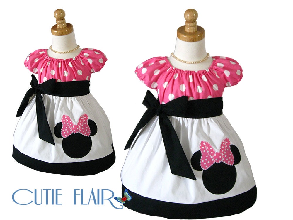 Custom Boutique style Minnie Mouse Peasant Dress Bubble Gum Pink Polkadots, White and Black with Applique